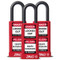 A photograph of three red 07023 zing recyclocks insulated safety padlocks with 1.5" shackle and 3" body.