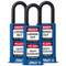 A photograph of three blue 07023 zing recyclocks insulated safety padlocks with 1.5" shackle and 3" body.