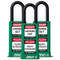 A photograph of three green 07023 zing recyclocks insulated safety padlocks with 1.5" shackle and 3" body.