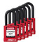 A photograph of six red 07023 zing recyclocks insulated safety padlocks with 1.5" shackle.