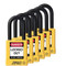 A photograph of six yellow 07023 zing recyclocks insulated safety padlocks with 1.5" shackle.