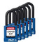 A photograph of six blue 07023 zing recyclocks insulated safety padlocks with 1.5" shackle.