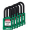 A photograph of six green 07023 zing recyclocks insulated safety padlocks with 1.5" shackle.
