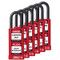 A photograph of six red 07023 zing recyclocks insulated safety padlocks with 1.5" shackle and 3" body.