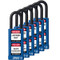 A photograph of six blue 07023 zing recyclocks insulated safety padlocks with 1.5" shackle and 3" body.