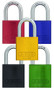 A photograph of five assorted color 07024 abus aluminum padlocks for lockout-tagout, with 1.5" shackles.