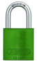 A photograph of a green 07024 abus aluminum padlock for lockout-tagout, with 1.5" shackle.