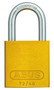 A photograph of a yellow 07024 abus aluminum padlock for lockout-tagout, with 1.5" shackle.