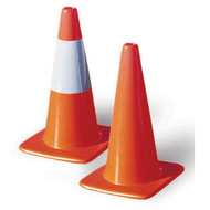 A photograph of two orange 02350 traffic cones.