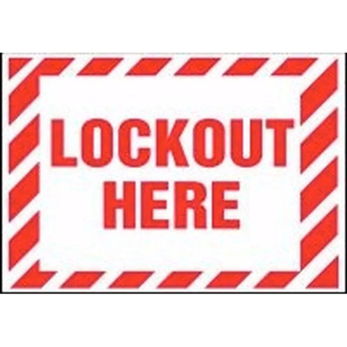A n image of a 07019 Lockout/Tagout Label.  "LOCKOUT HERE" is in red bold letters in the center of the white label.  Red/white hashtags  border the entire label.