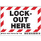 A photograph of a red and white 07019 lock out here peel-and-stick permanent adhesive label.