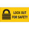A photograph of a yellow and black 07019 lock out for safety peel-and-stick permanent adhesive label with graphic.