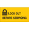 A photograph of a yellow and black 07019 lock out before servicing peel-and-stick permanent adhesive label with graphic.