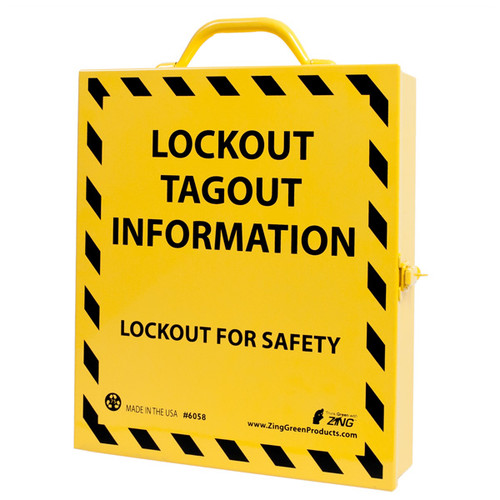 A photograph of a yellow and black 07051 zing recyclockout™ stainless steel lockout tagout information document case.