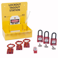 A photograph of a yellow 07052 zing recyclockout™ mini lockout station, with 3 insulated safety padlocks, 3 steel lockout hasps, single-pole circuit breaker universal lockout device, and 5 do not operate lockout tags.