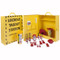A photograph of a closed yellow 07060 zing recyclockout™ stainless steel lockout cabinet, and open yellow 07060 zing recyclockout™ stainless steel lockout cabinet equipped with insulated safety padlocks, lockout hasps, lockout devices, and lockout safety tags.