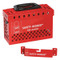 A photograph of a red 07061 safety redbox™ portable wall-mount group lockout box with included wall mounting bracket .