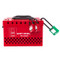 A photograph of a red 07061 safety redbox™ portable wall-mount group lockout box with safety padlocks installed.