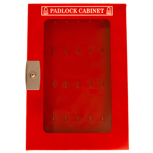 A photograph of a red 07066 padlock cabinet with clear window and 84 lock capacity.