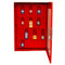 A photograph of an open red 07066 padlock cabinet with clear window and 84 lock capacity, with locks inside.