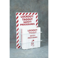 A photograph of a 07070 lockout procedures station.  The kit includes the 20" H x 14" W white backboard that features a red hash-tag border and the words "LOCKOUT/TAGOUT SAFETY PROCEDURES" in red.  A steel wore-rack on the front of the board holds a white binder with the same title in red lettering.