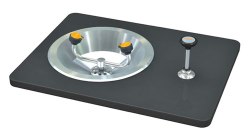 A photograph of a Guardian G1810 Eyewash, Recess Deck Mounted, Push-Down Valve mounted on a countertop (countertop not included).