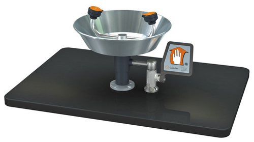 A photograph of a Guardian G1822 Eyewash, Deck Mounted, Stainless Steel Bowl mounted on a countertop (countertop not included).
