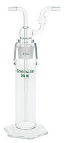A photograph of a complete CG-1112-02 gas washing bottle includes the stopper, body, and stainless steel springs.