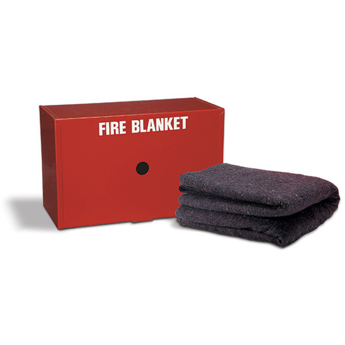 A photograph of a red 09066 drop-down fire blanket cabinet with included blanket.