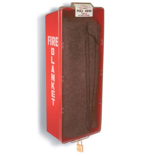 A photograph of a red 09068 abs fire blanket cabinet with wool blanket.