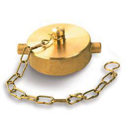 A photograph of a 09200 1.5" brass cap with chain and pin lug design.