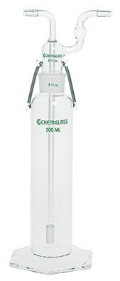 A photograph of a complete CG-1114-15 gas washing bottle includes the stopper, body, and stainless steel springs.
