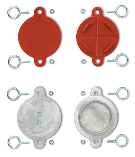 A photograph of front and back of red and silver 09204 2.5" aluminum FDC and hydrant break caps.