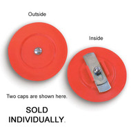 A photograph of a two red 09205 adjust-a-plug plastic break caps for FDC and hydrant connections.