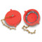 A photograph of a red 09208 2.5" red plastic threaded cap and chain for hydrant threads.