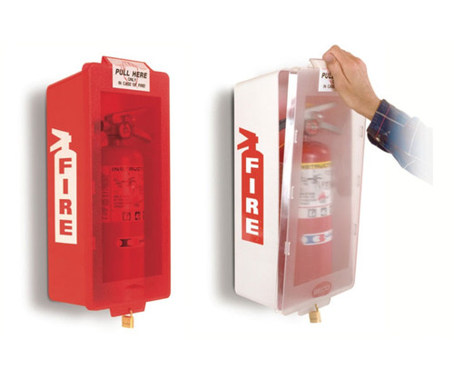 A photograph of a red and a white 09300 mark i jr. fire extinguisher cabinets with fire extinguishers installed.