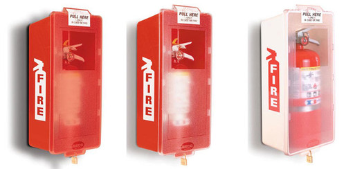 A photograph of two red and a white 09304 mark ii jr. fire extinguisher cabinets with fire extinguishers installed.