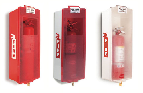 A photograph of a red and two white 09308 mark ii fire extinguisher cabinets, with fire extinguishers installed.