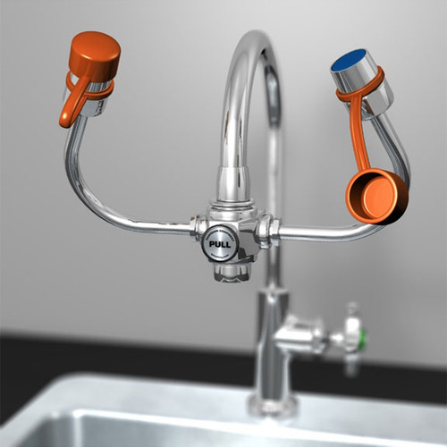 A photograph of an Guardian G1101 EyeSafe-X Faucet-Mounted Eyewash installed on a gooseneck faucet.