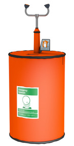 A photograph of a complete Guardian G1562HTR 15 Gallon Portable Eyewash/Drench Hose Unit w/ Heated Orange Insulation Jacket.