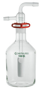 A photograph of a complete CG-1120 gas washing bottle with stopper, bottle, and Keck clip.