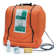 A photograph of the Guardian G1540HTR AquaGuard Gravity-Flow Portable Eye Wash with the jacket shut, showing the wall hanging bracket, power cord, and bottle of Aquasep preservative.