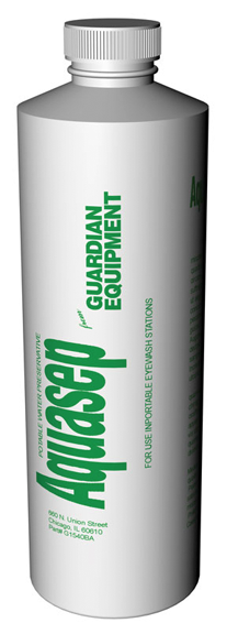 A photograph of a single bottle of G1540BA-R Aquasep Preservative for Portable Eyewash Stations.