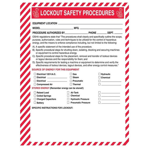 A photograph of a single 07072 lockout procedure refill form, with 25 per package.