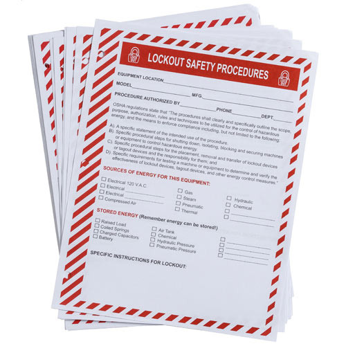 A photograph of several 07072 lockout procedure refill forms, with 25 per package.