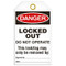 A photograph of front of a 07078 tag reading danger locked out do not operate, this locking may only be removed by:.