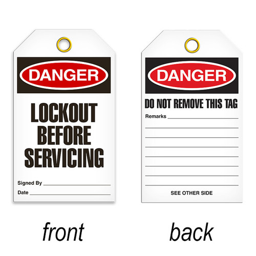 A photograph of a 07084 tag, reading danger lockout before servicing on front, and do not remove this tag on back, with 25 per package.