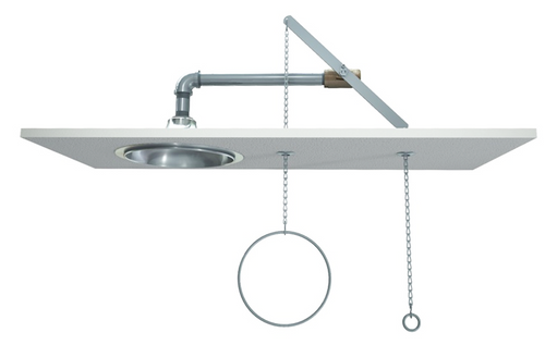 A photograph of a Guardian G1627 Emergency Shower, Recess Mounted, Stainless Steel Shower Head installed in a ceiling panel (panel not included).