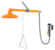 A photograph of an orange Guardian G1641 horizontally mounted Emergency Shower with Drench Hose.