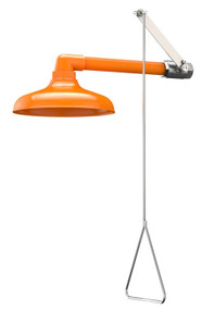 A photograph of an orange G1643 horizontally-mounted emergency shower.